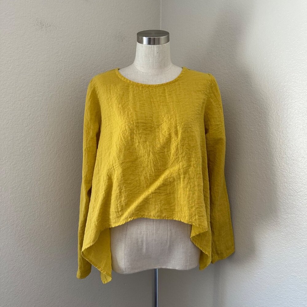 Eleven Stitch Design Pullover Blouse Asymmetrical Linen Breathable Mustard Sz S